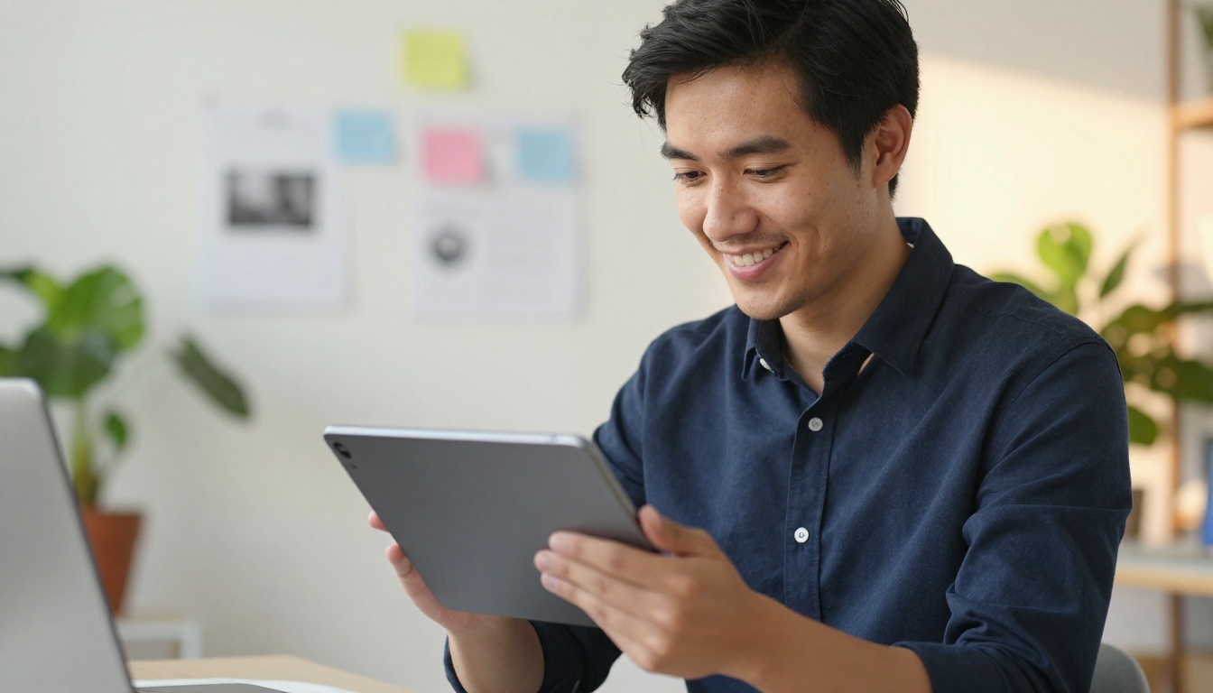 A manager smiling while reading an interactive brochure on a tablet