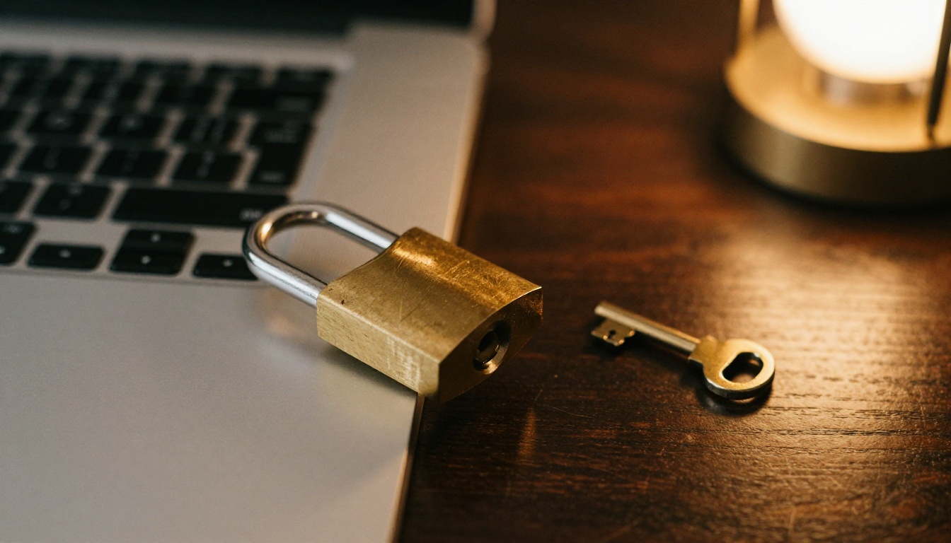 Brass padlock and small key on a dark wood desk