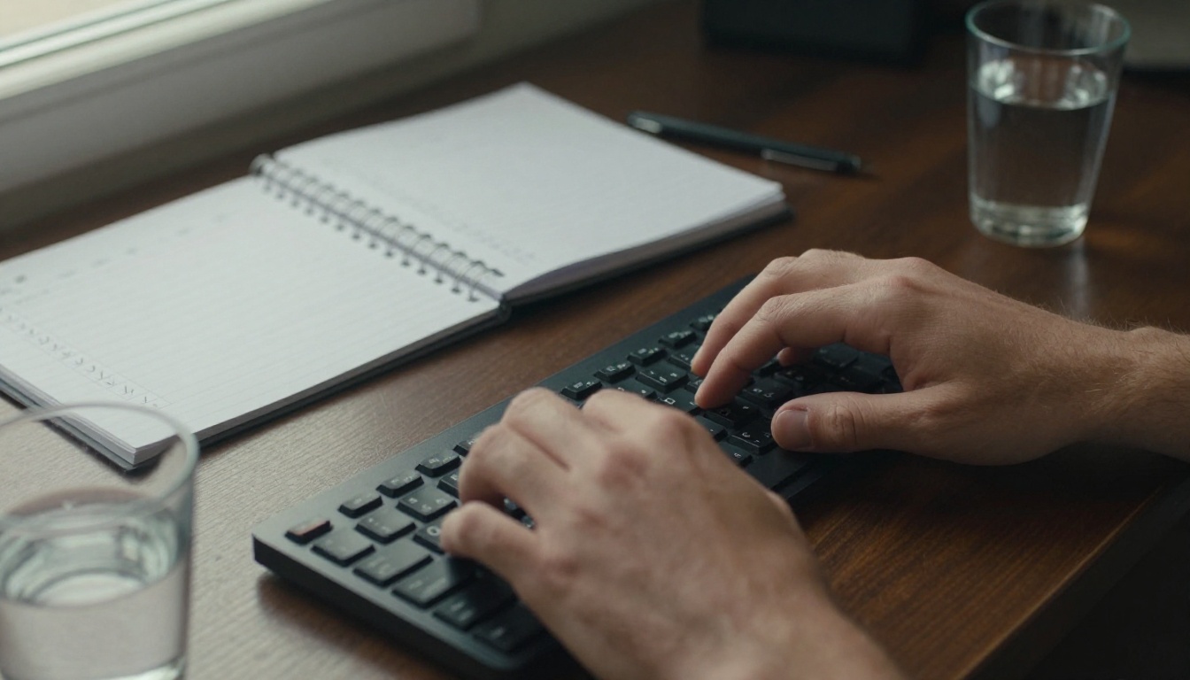 Hands typing at a desk next to a handwritten checklist