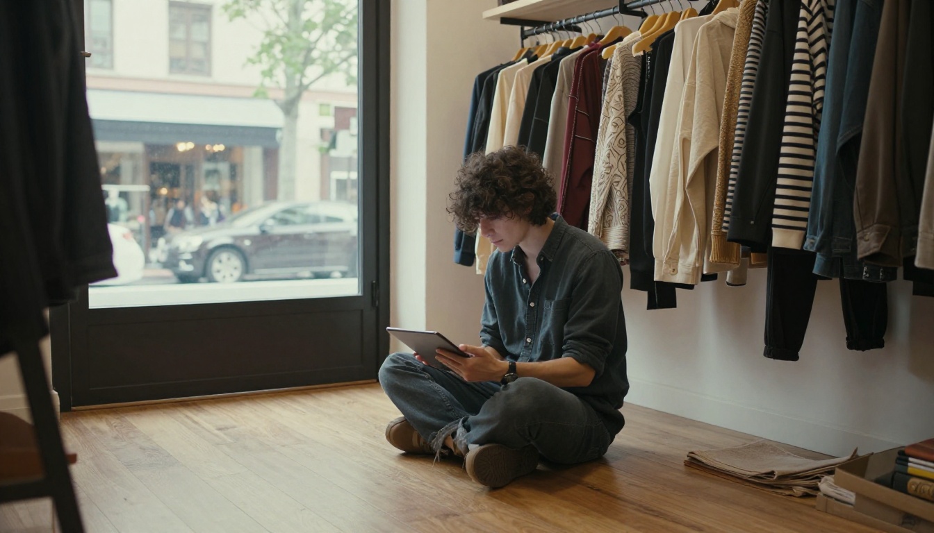 Boutique owner looking at a tablet beside a clothing rack