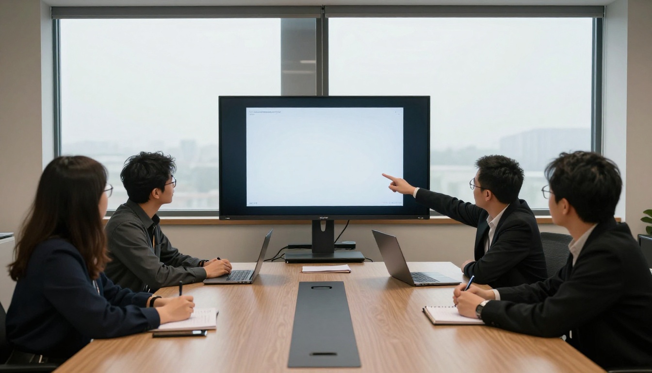 Colleagues gathered around a monitor in a glass walled meeting room