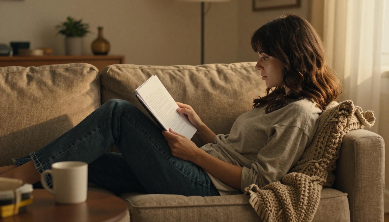 Woman reading a document on a tablet on a sofa in a living room