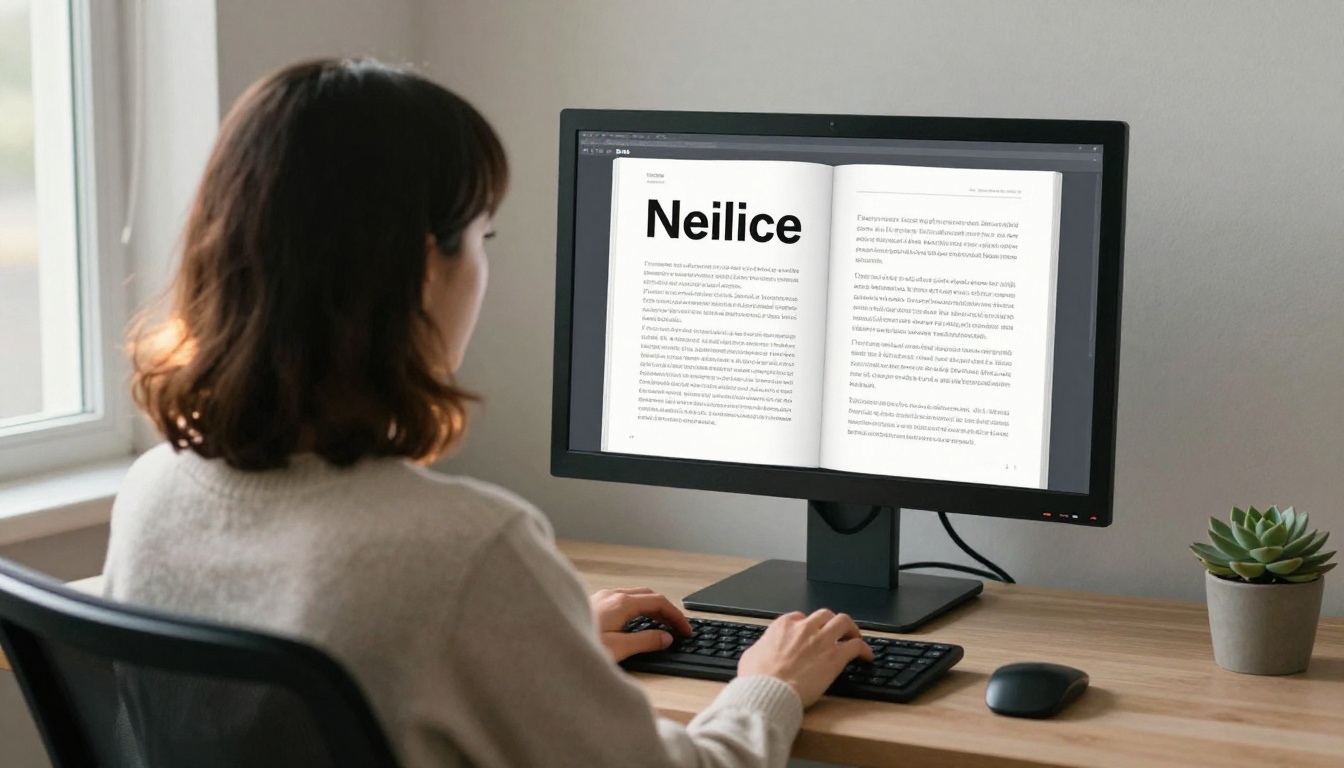 An HR specialist reviewing a digital employee handbook on a wide monitor