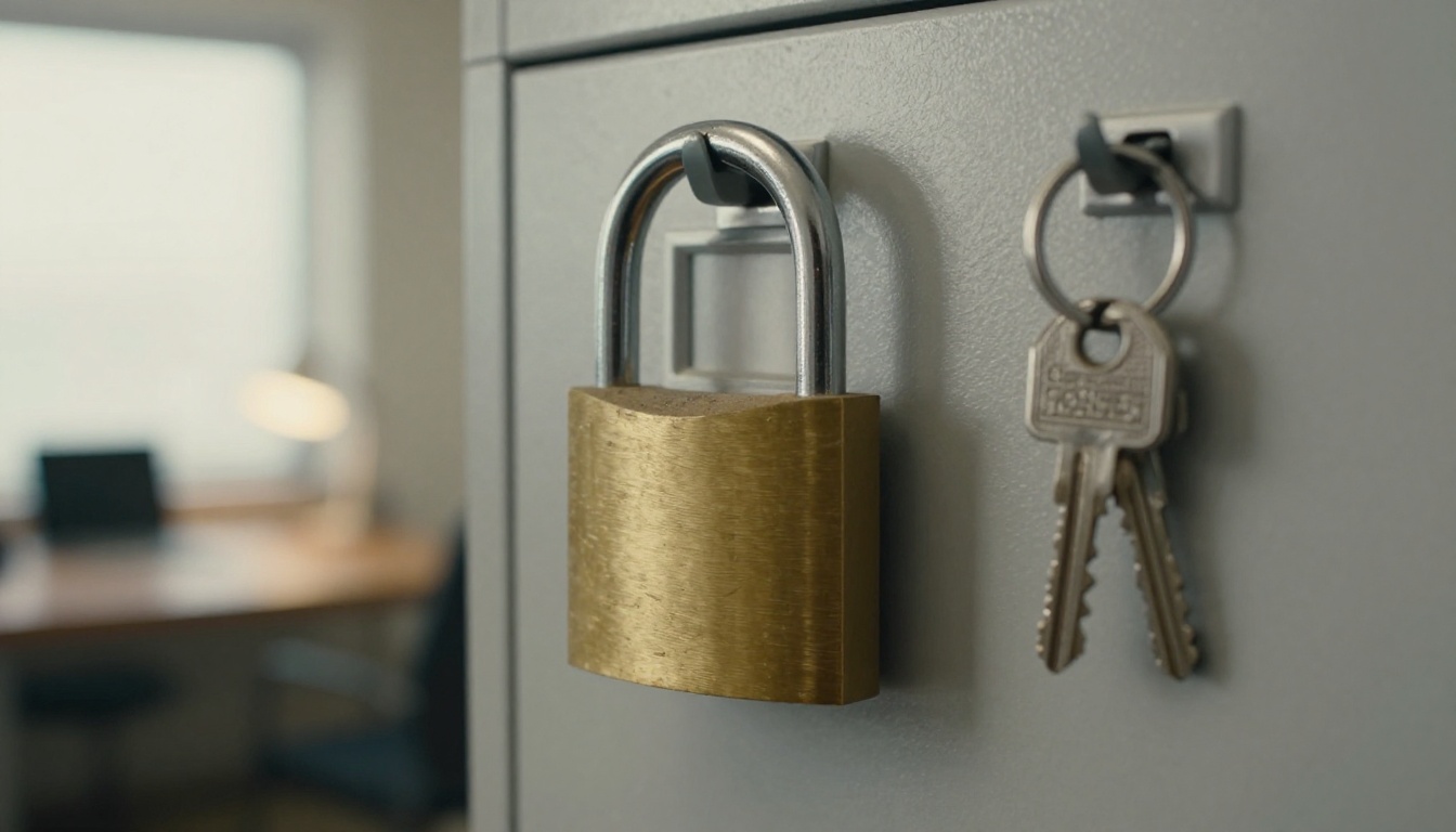 A padlock on a metal filing cabinet in an office