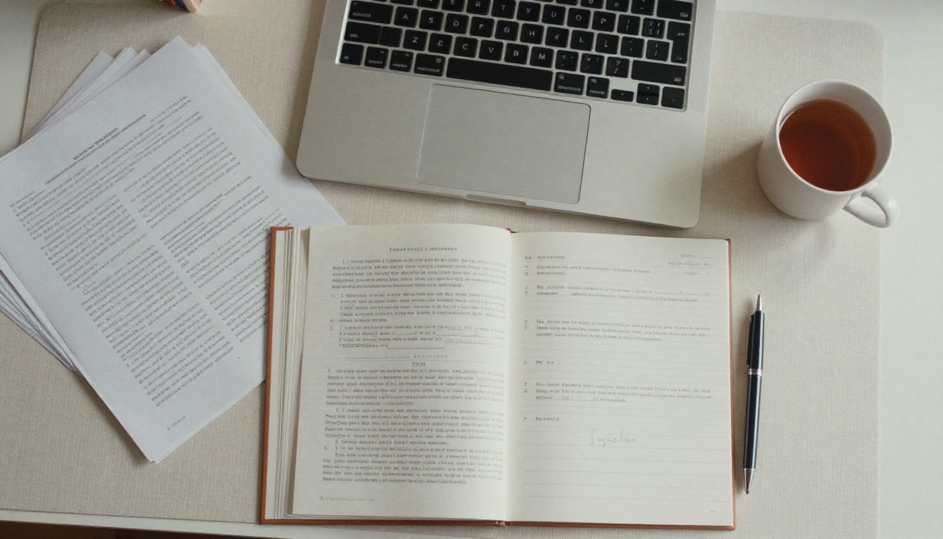 Overhead view of a desk with a laptop and printed pages Overhead view of a desk with a laptop and printed pages