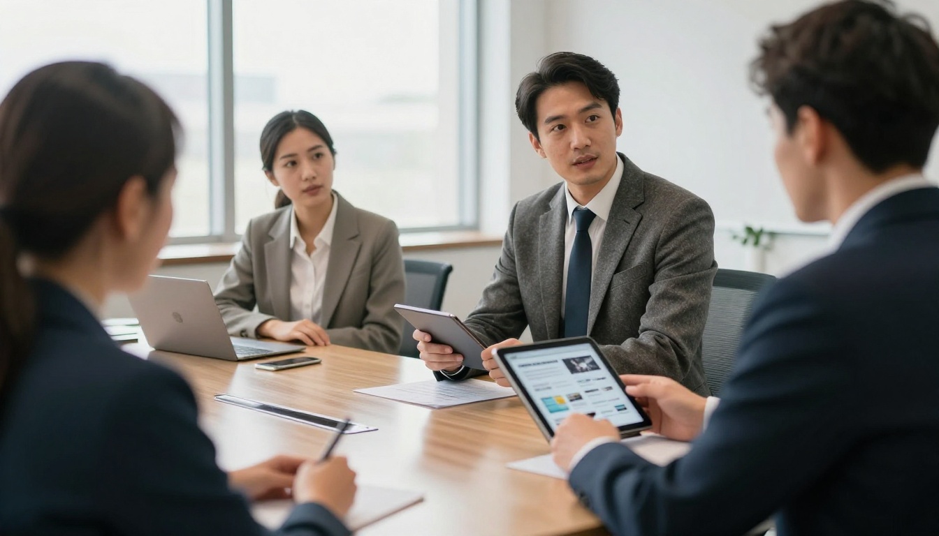 A sales director presenting a digital catalog on a tablet in a boardroom