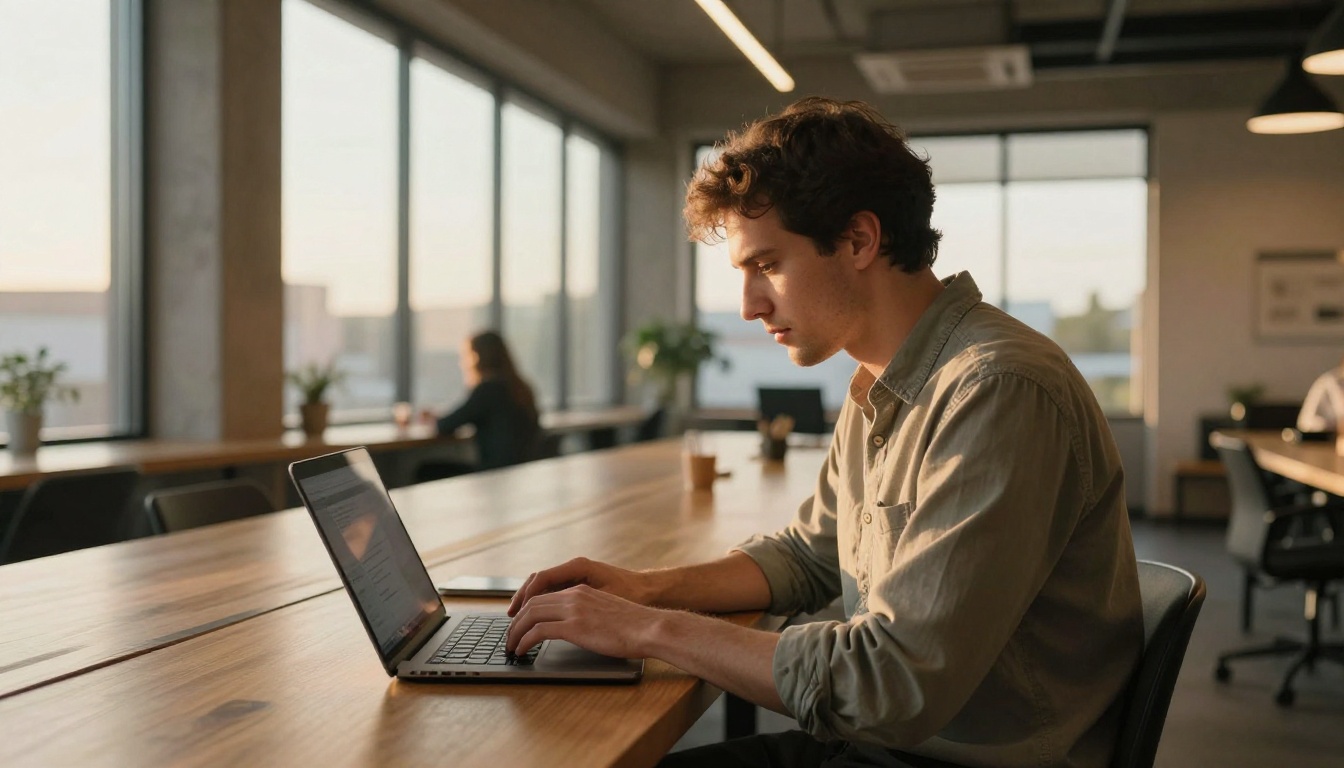 Man typing on a laptop in a coworking space Man typing on a laptop in a coworking space