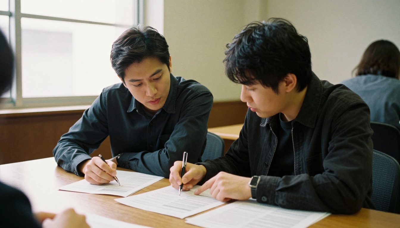 Two colleagues reviewing a printed report together Two colleagues reviewing a printed report together