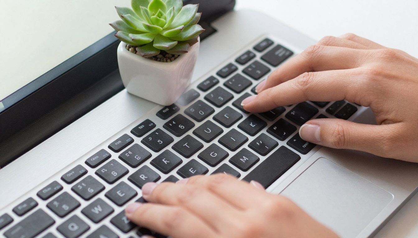 Close-up of a laptop keyboard with a woman's hands resting Close-up of a laptop keyboard with a woman's hands resting