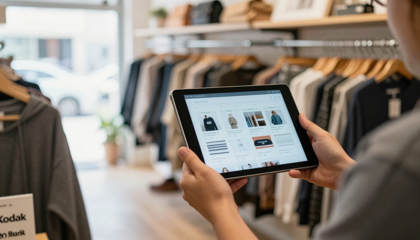 Boutique owner holding a tablet showing a digital catalog Boutique owner holding a tablet showing a digital catalog