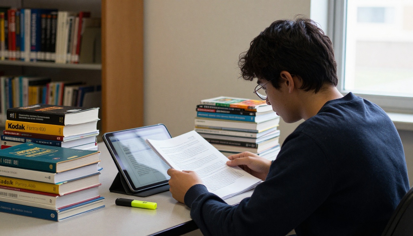 Student reading a document on a tablet at a library table Student reading a document on a tablet at a library table