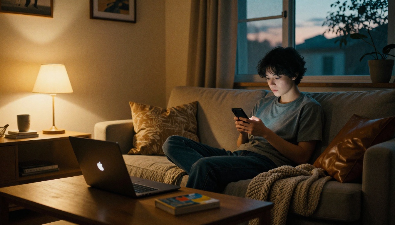 Living room scene with a person scrolling a phone Living room scene with a person scrolling a phone