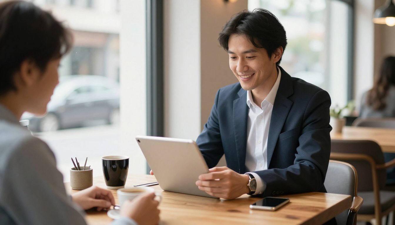 Professional presenting a tablet to a client at a cafe table Professional presenting a tablet to a client at a cafe table