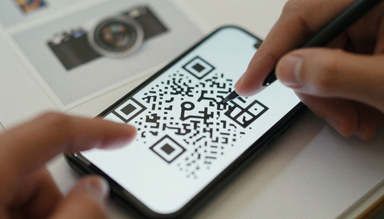 Smartphone camera scanning a QR code on a printed catalog page Smartphone camera scanning a QR code on a printed catalog page