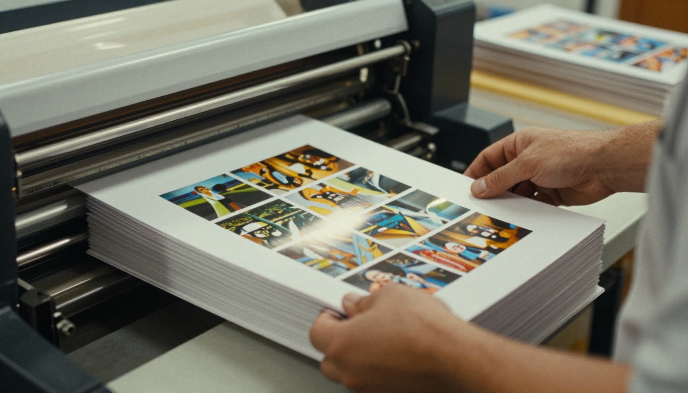 Print shop worker inspecting catalog sheets coming off an offset press Print shop worker inspecting catalog sheets coming off an offset press