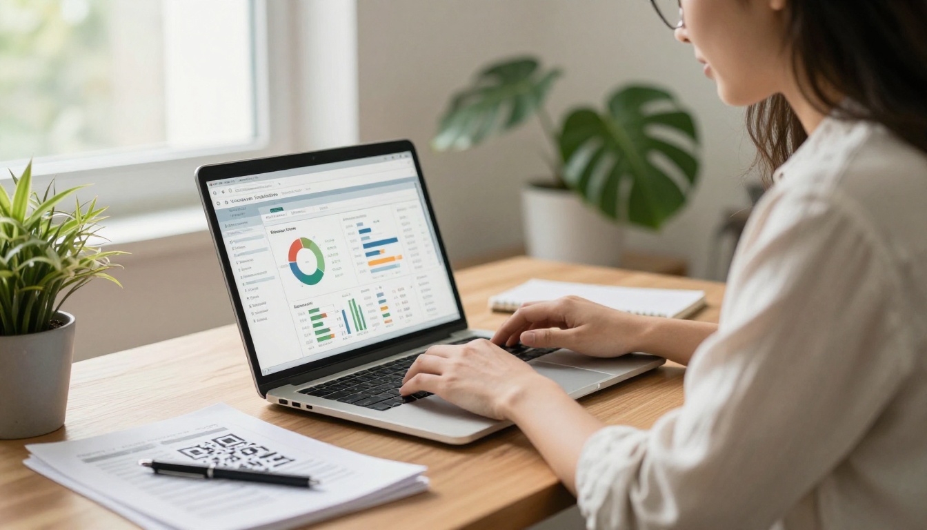 Business owner reviewing scan analytics on a laptop next to a printed catalog Business owner reviewing scan analytics on a laptop next to a printed catalog