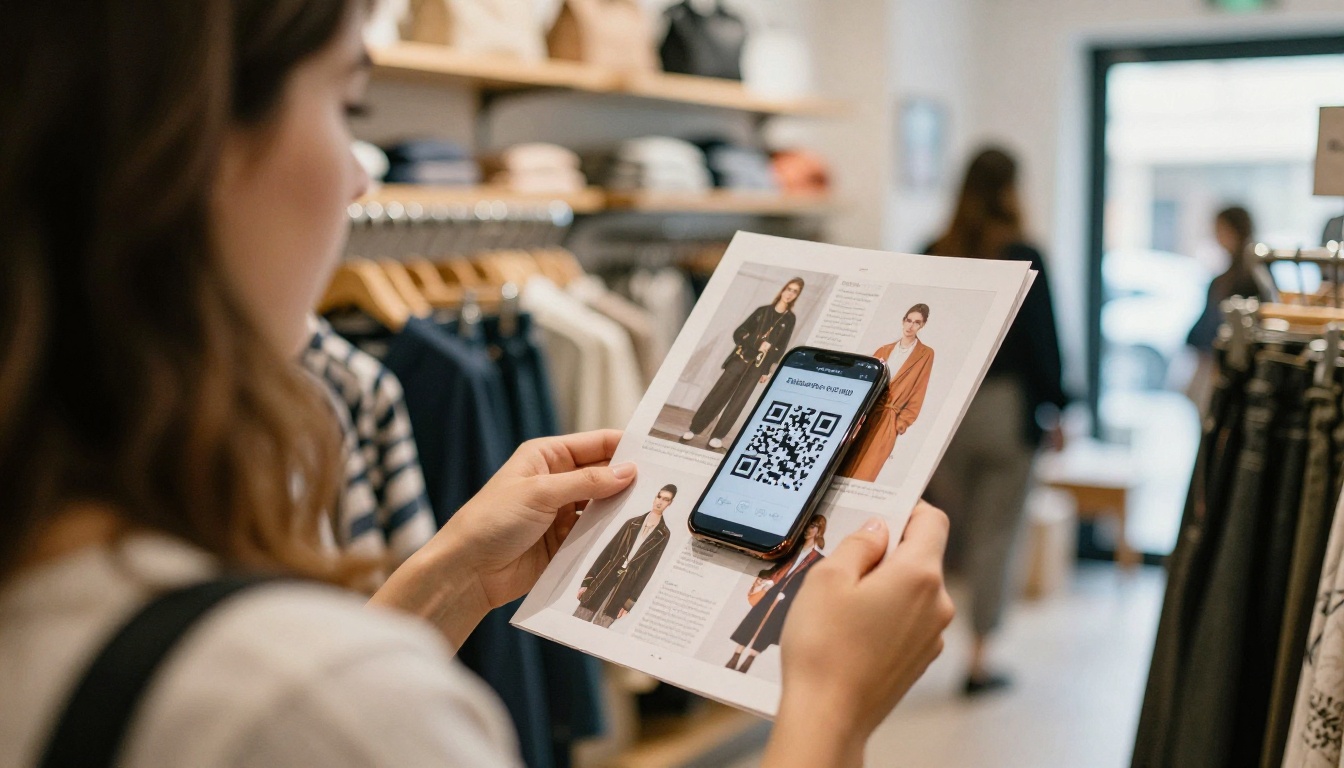 Shopper in a boutique scanning a QR code on a printed fashion catalog Shopper in a boutique scanning a QR code on a printed fashion catalog