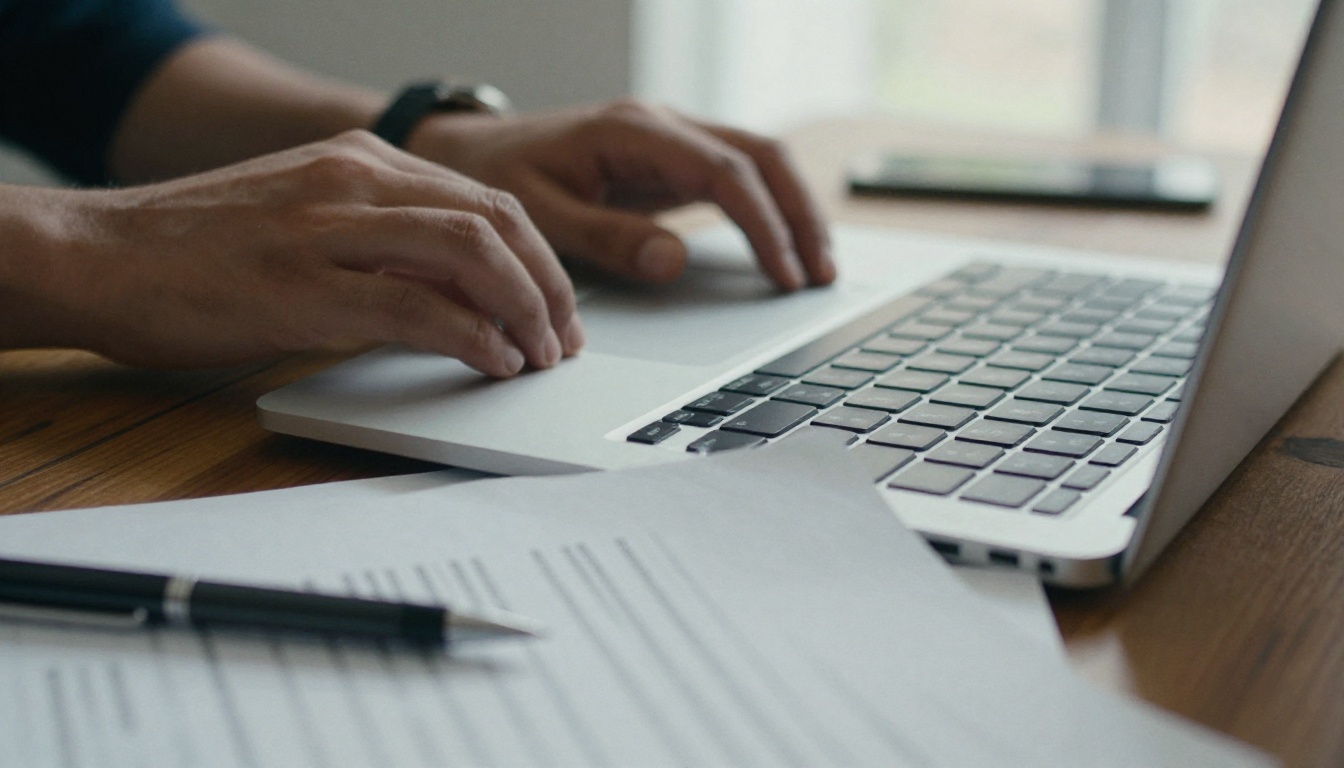 Hands typing beside a printed legal document