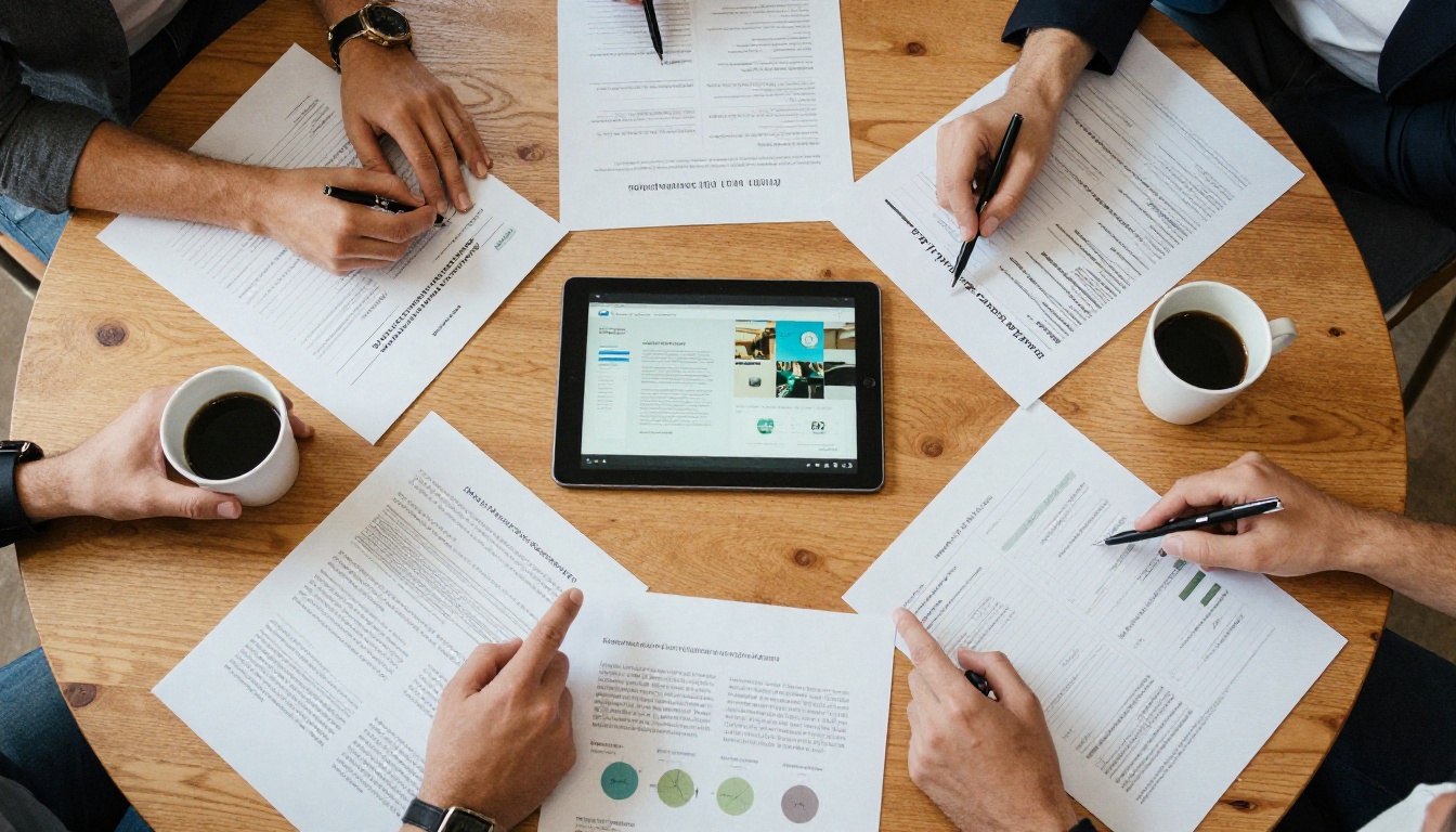 Meeting table with a tablet showing a digital brochure