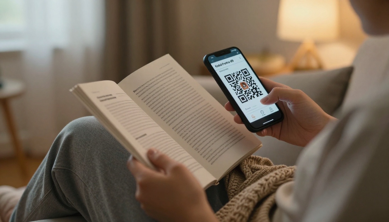 Person on a sofa reading a printed catalog and scanning a QR code with a phone Person on a sofa reading a printed catalog and scanning a QR code with a phone