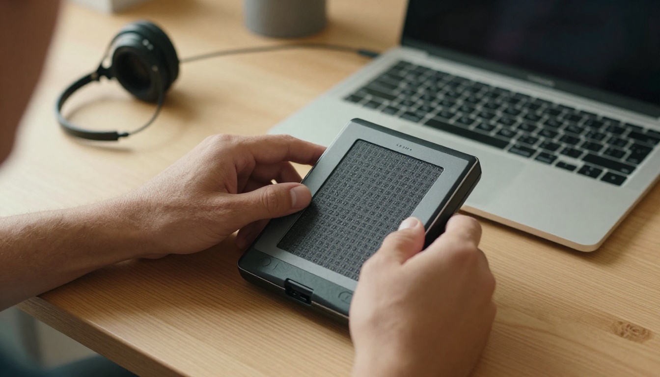 Blind man using a screen reader with a braille display