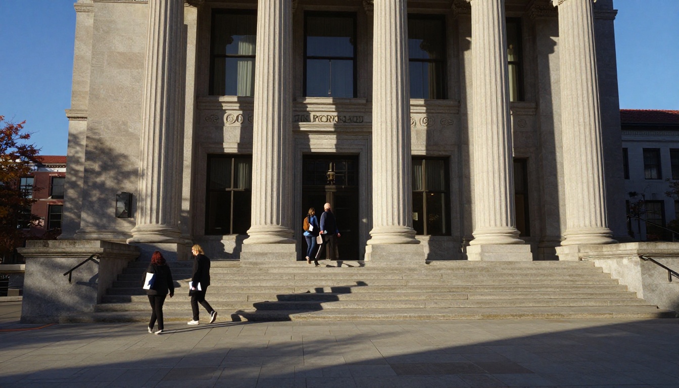 Courthouse steps on an autumn morning with citizens carrying folders
