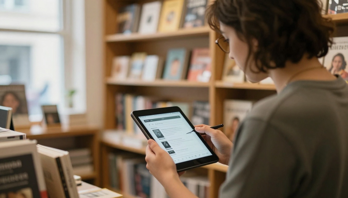 Small business owner in a bookshop holding a tablet