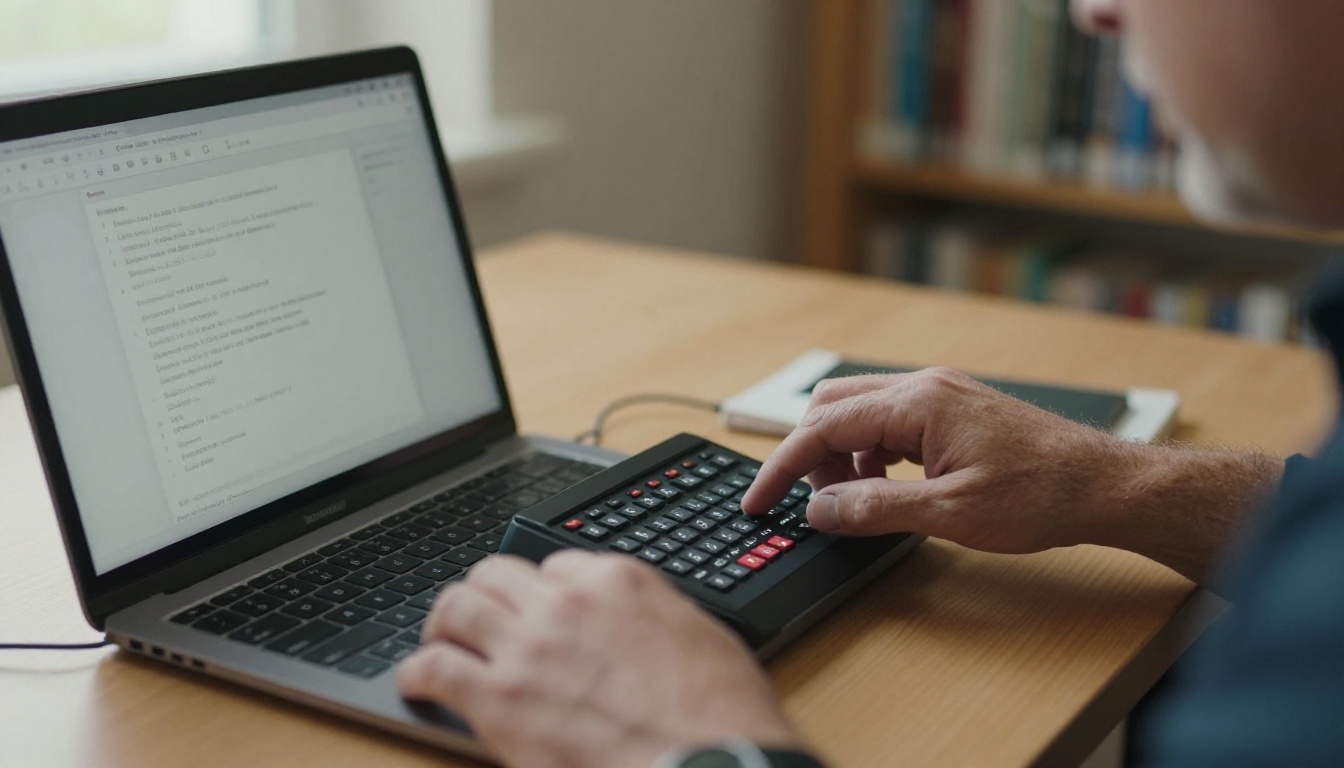Visually impaired man reading with a braille display next to a laptop