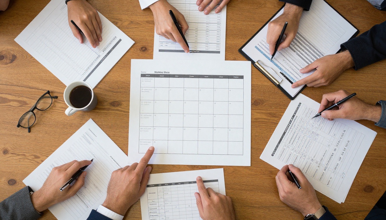 Top-down view of a conference table covered in meeting agendas and budget reports