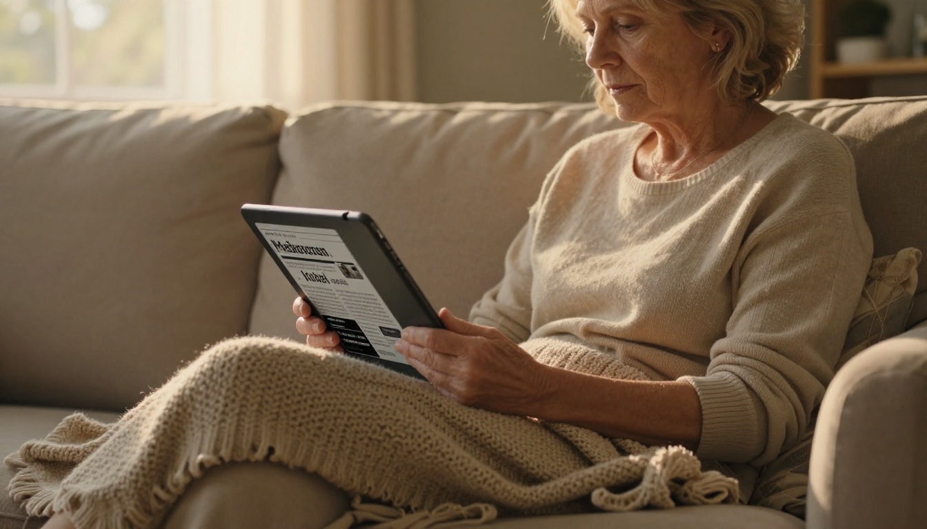 Older woman reading large print on a tablet