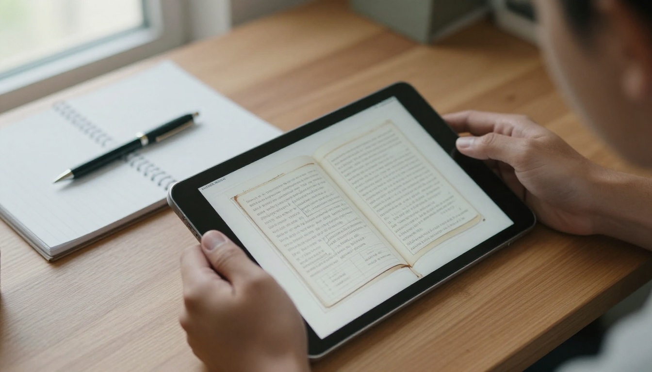 Hands holding a tablet with a digital flipbook Hands holding a tablet with a digital flipbook