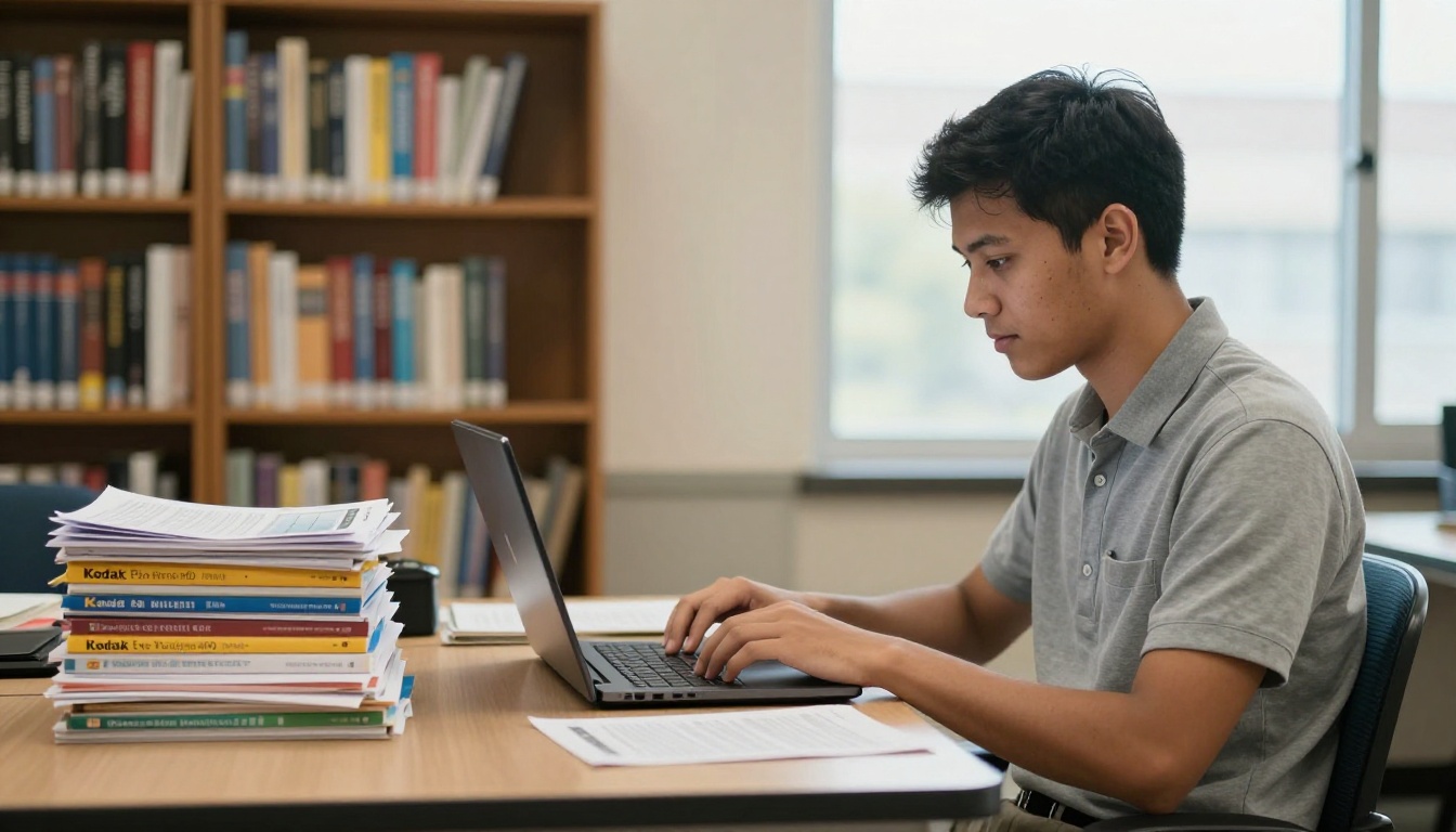 School district administrator typing at a laptop beside stacks of handbooks