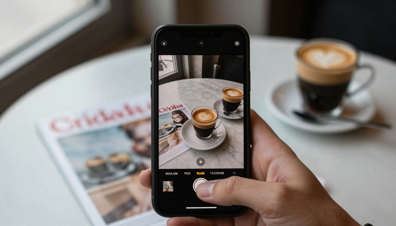 Smartphone showing a digital magazine on a cafe table