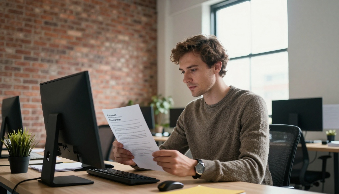 Marketing manager reading a printed privacy policy Marketing manager reading a printed privacy policy
