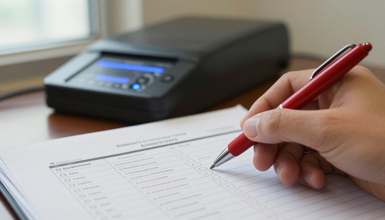 Hand with a red pen reviewing a printed checklist form near a scanner