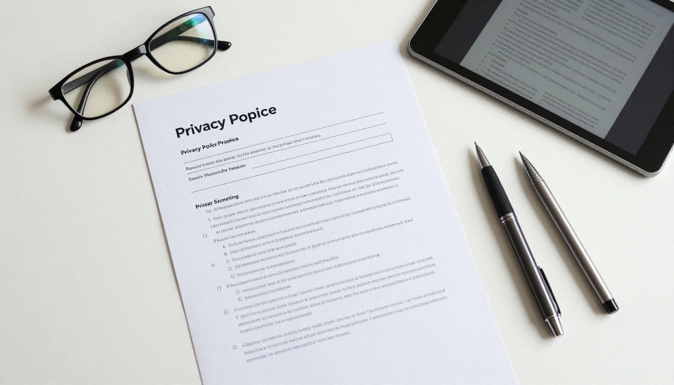 Printed privacy policy next to a tablet showing a flipbook