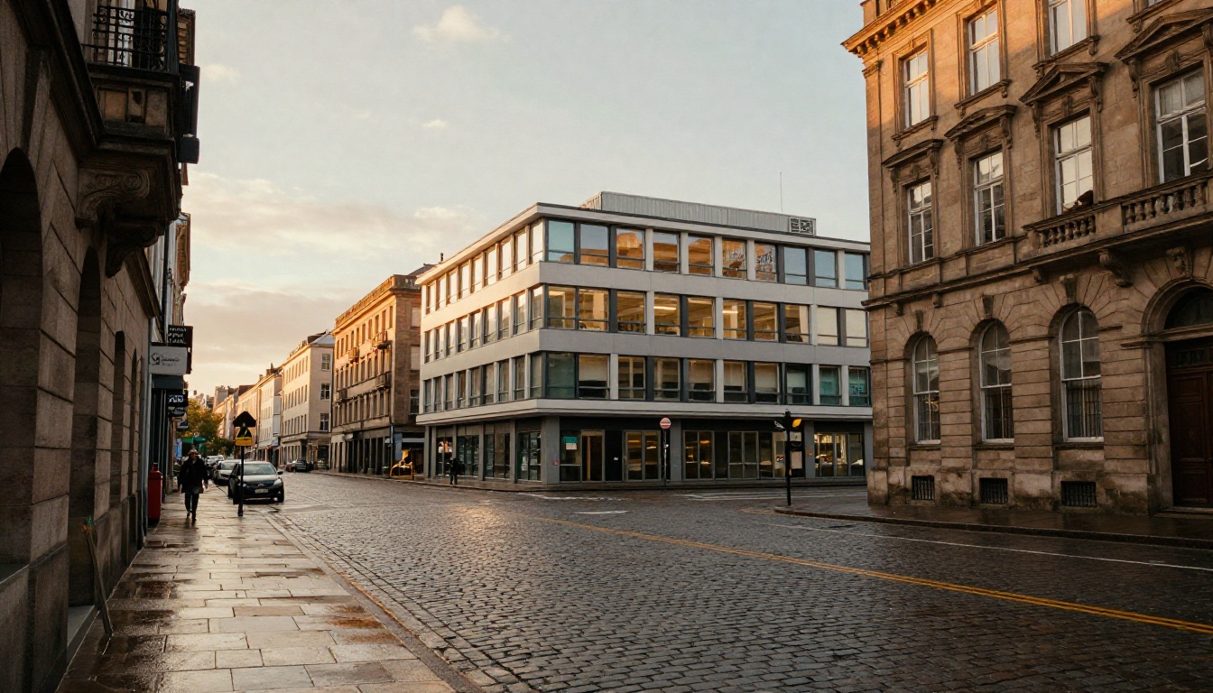 European street with a modern office entrance at dawn