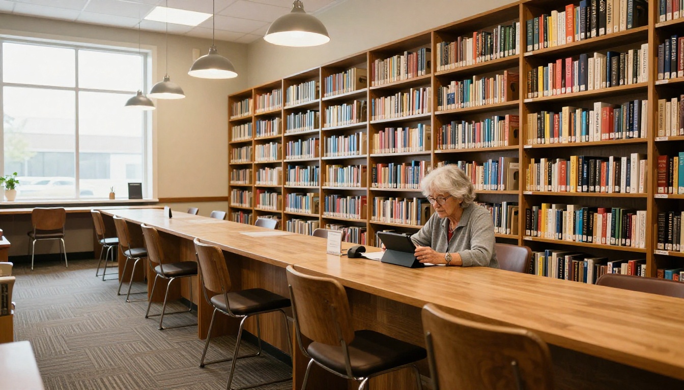 Older woman reading on a tablet at a public library desk