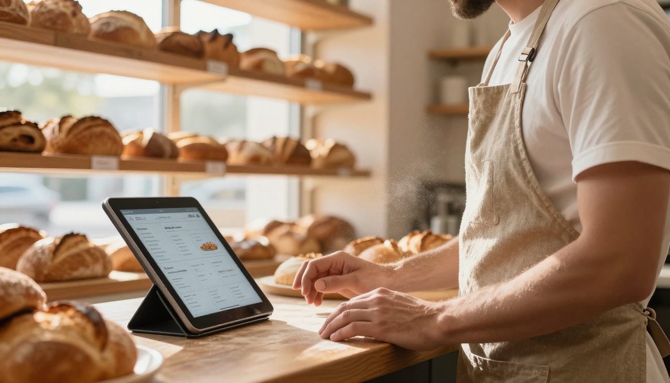 Bakery owner at the counter reading a digital catalog on a tablet