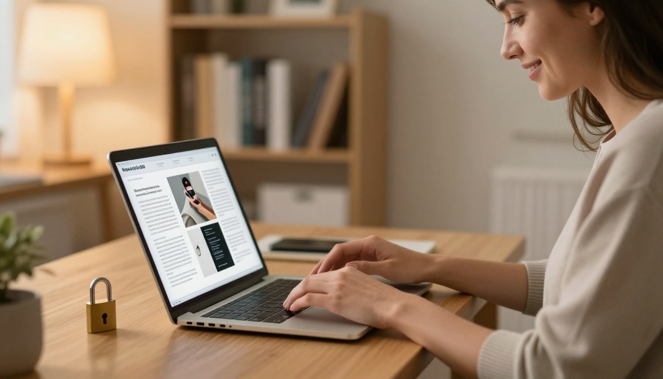Woman reading a digital brochure at a home office Woman reading a digital brochure at a home office