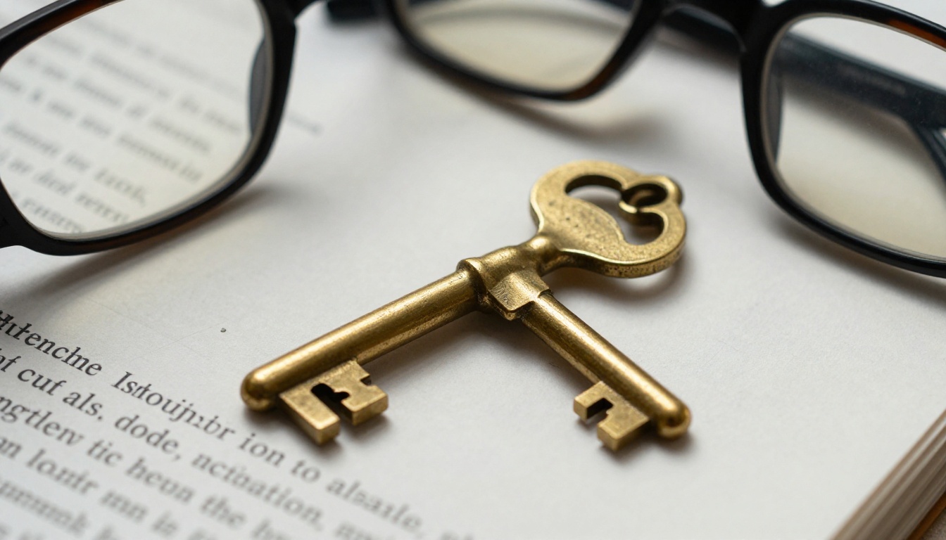 Brass key on legal documents with reading glasses Brass key on legal documents with reading glasses