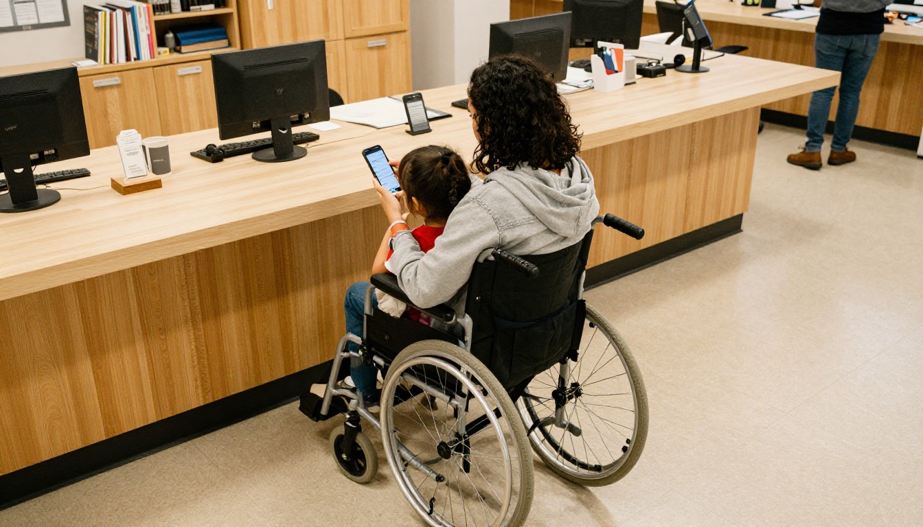 Person in a wheelchair and a parent with a child at a community center desk