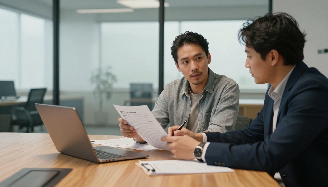 Colleagues discussing a printed checklist at a meeting table
