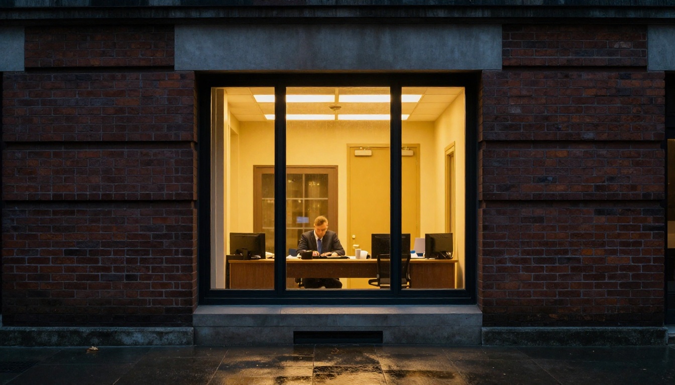 City hall window lit at dusk with a staff member working late