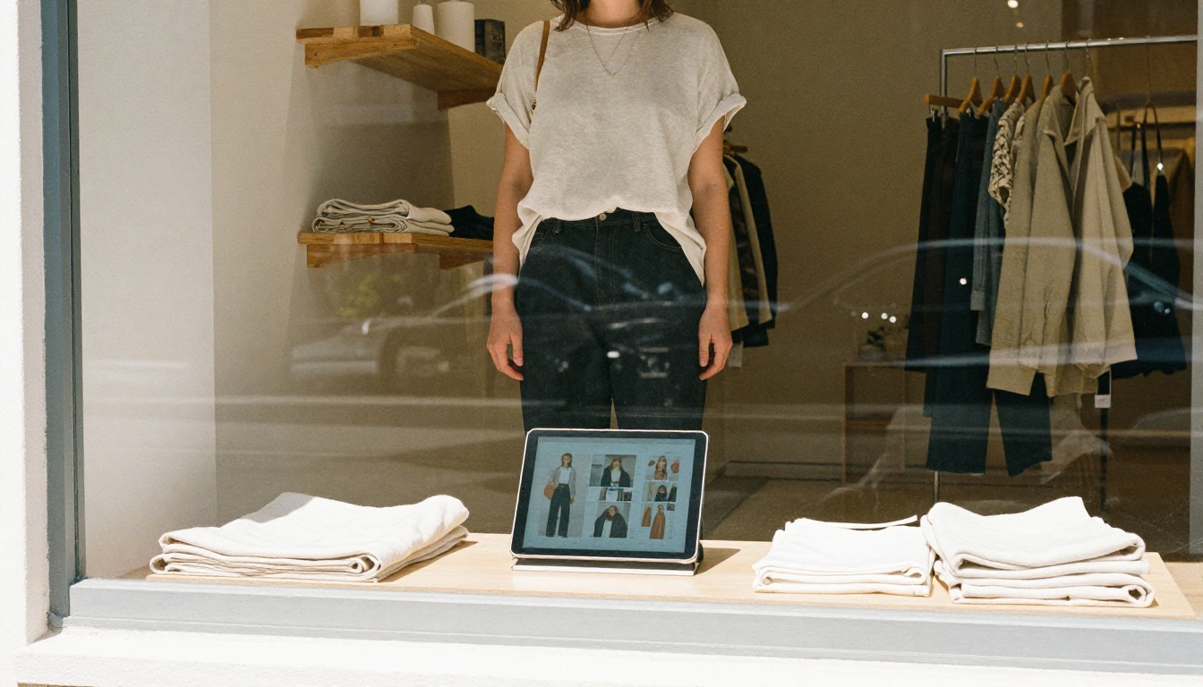 Boutique owner arranging a storefront display with a tablet