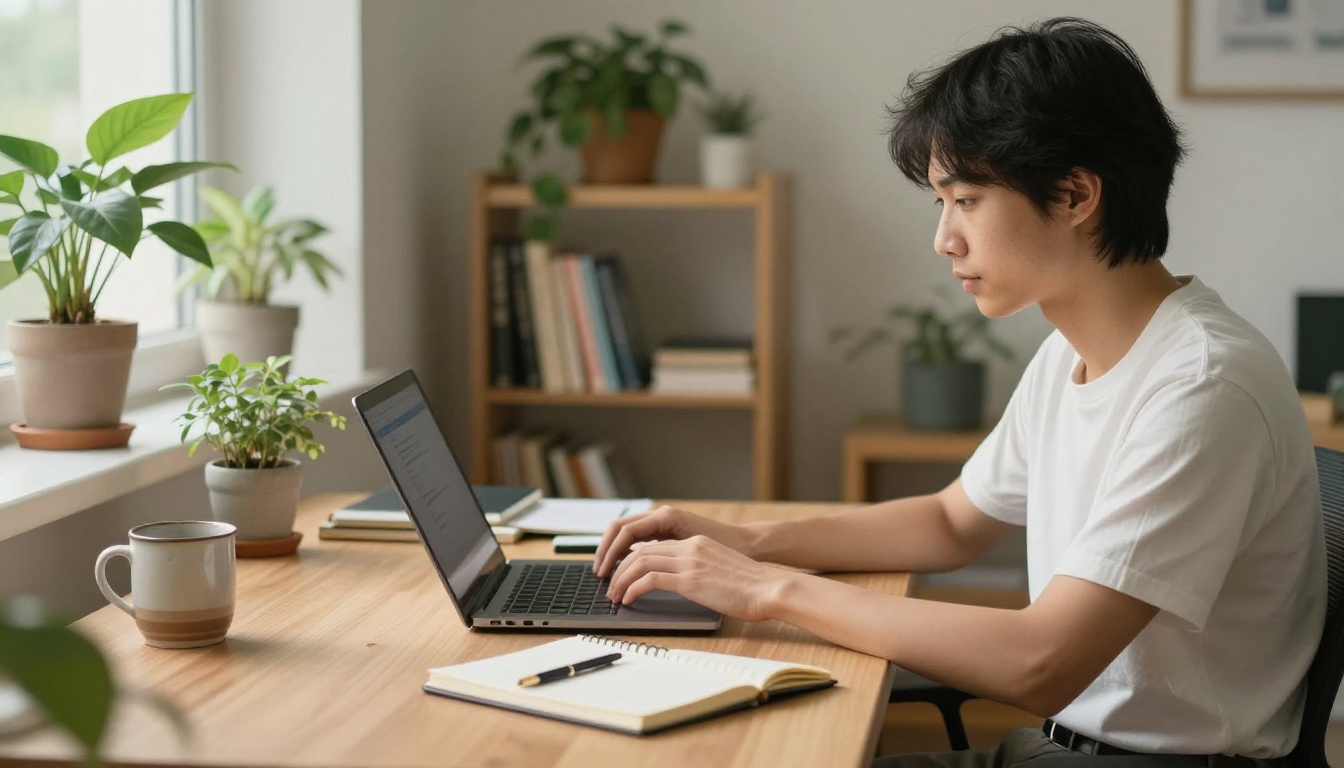 Freelance consultant working at a standing desk