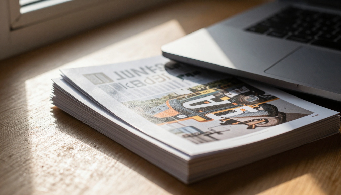 Brochures and a laptop on a sunlit windowsill