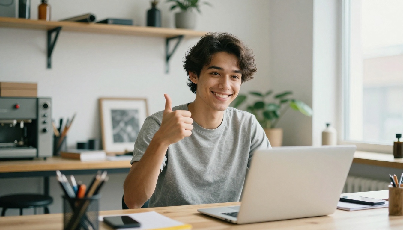 Smiling business owner looking at a laptop