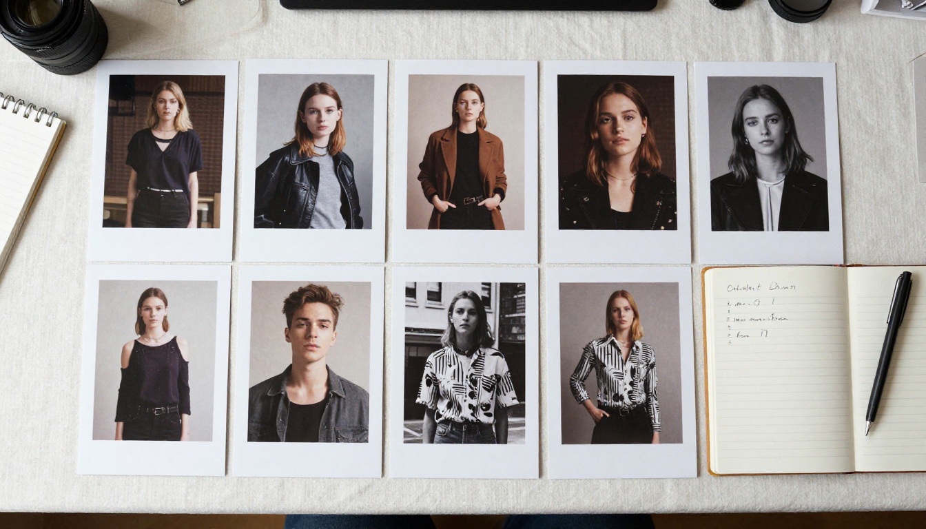 Designer arranging printed lookbook spreads on a studio table