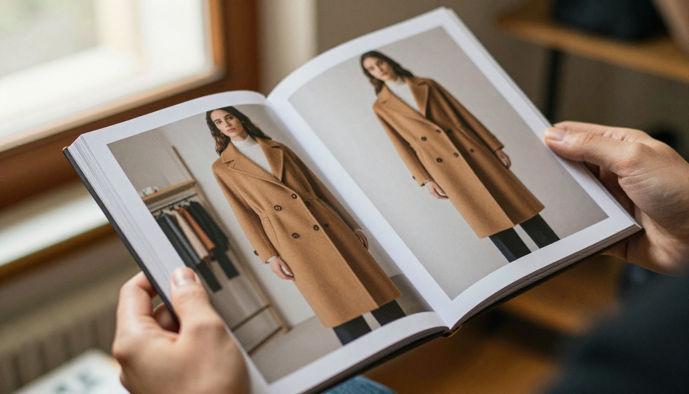 Close-up of hands holding a printed lookbook open to a full-bleed spread